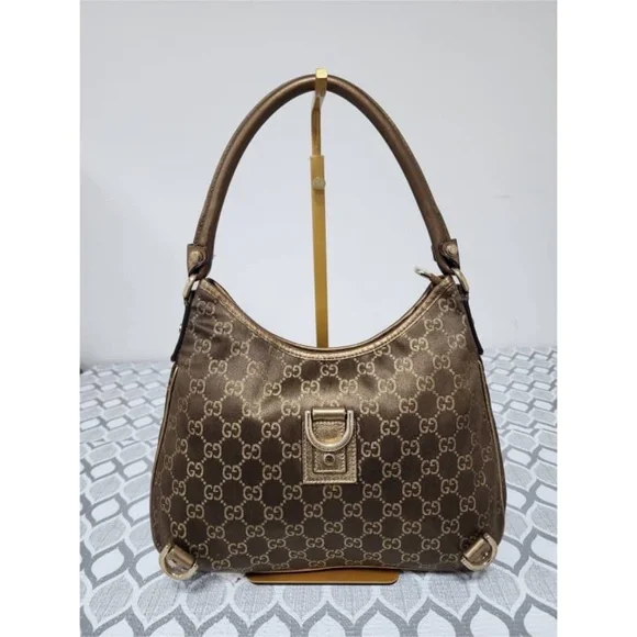 Authentic GUCCI GG Fabric Abbey Medium D-Ring Hobo Bag Gold Golden Brown - Picture 1 of 14